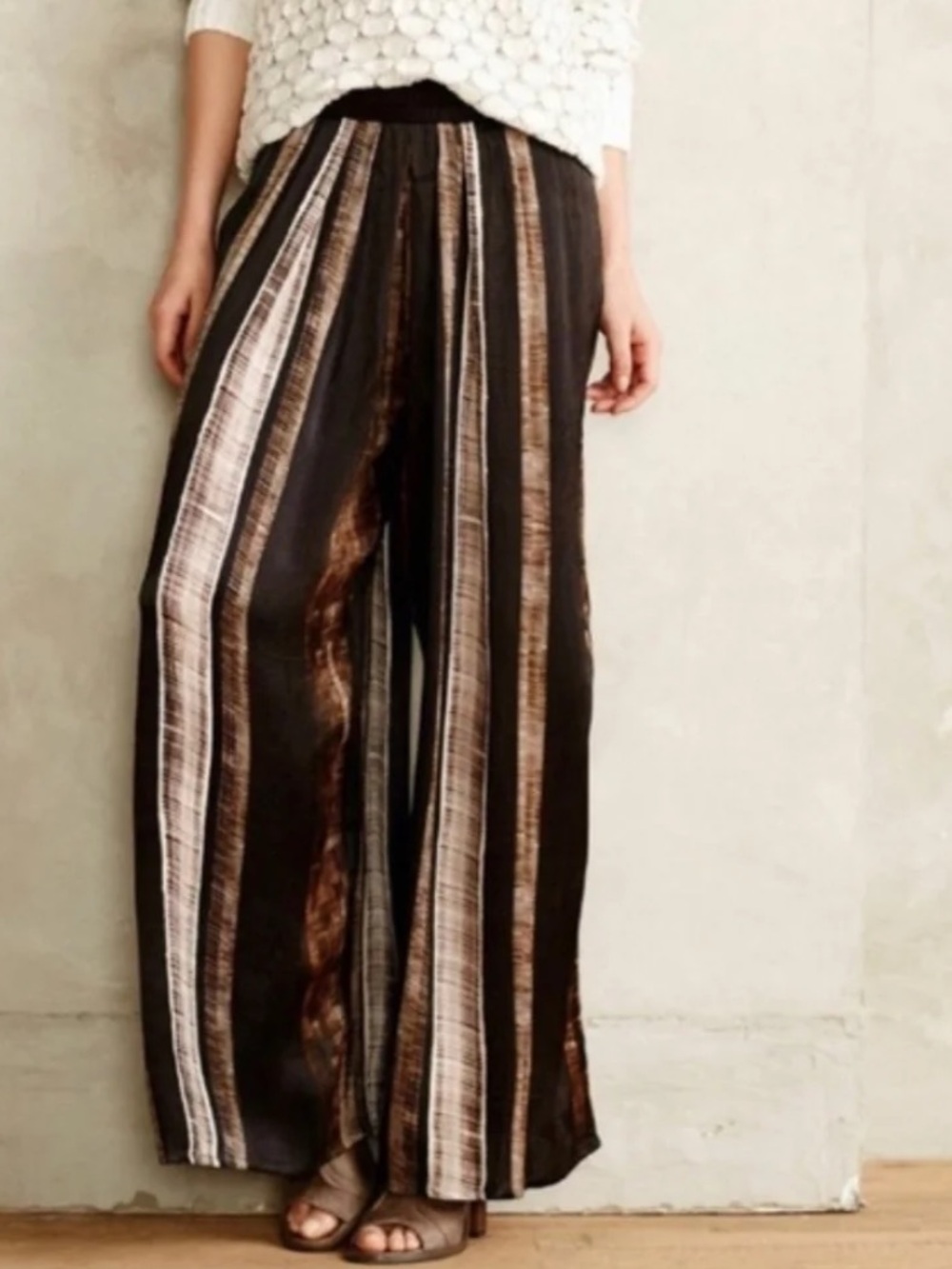 Blank London Anthropologie Brown Striped Satin Palazzo Wide Leg Pants
